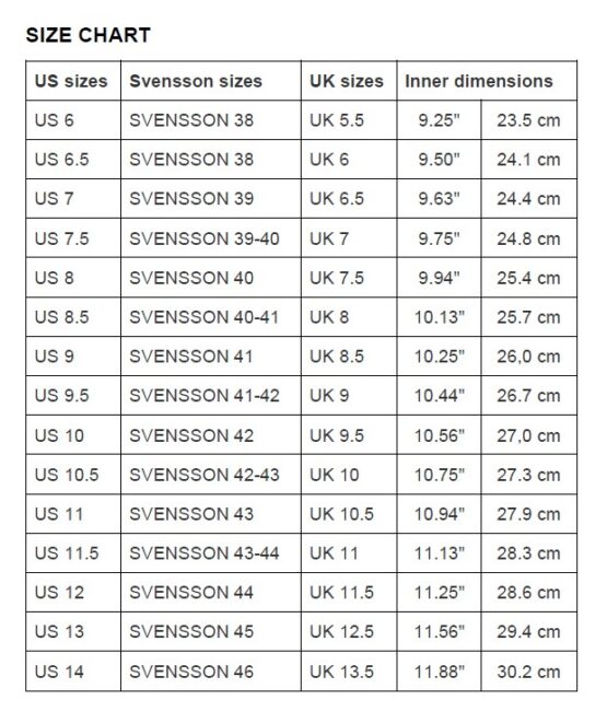 Size chart Svensson